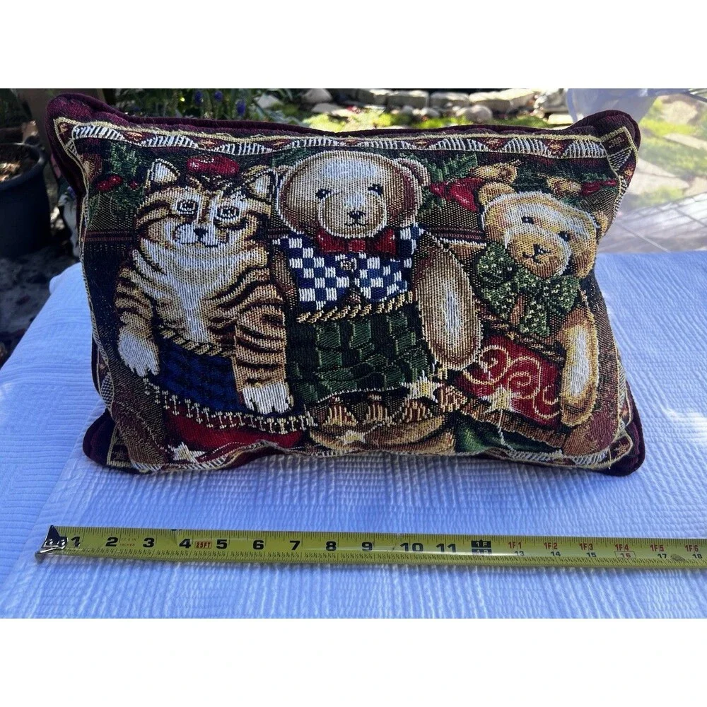 Vintage 1990s Teddy Bear Dog Cat Tapestry Throw Pillow Velvet Cottage Decor